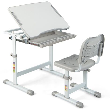 COSTWAY Height Adjustable Kids Study Table and Chair Set with Tilting Tabletop-Grey