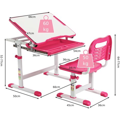 COSTWAY Height Adjustable Kids Study Table and Chair Set with Tilting Tabletop-Pink