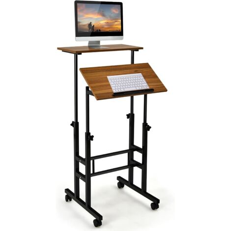 COSTWAY Höhenverstellbarer Sitz-Steh Schreibtisch auf Rollen, Mobiler Stehschreibtisch mit 2-stufiger Computerarbeitsplatz, Laptoptisch Stehpult Stehtisch Workstation für Zuhause Büro Braun