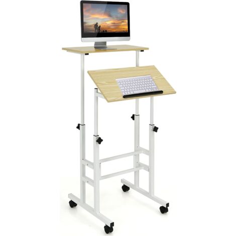 COSTWAY Hoehenverstellbarer Sitz-Steh Schreibtisch auf Rollen, Mobiler Stehschreibtisch mit 2-stufiger Computerarbeitsplatz, Laptoptisch Stehpult Stehtisch Workstation für Zuhause Büro Natur