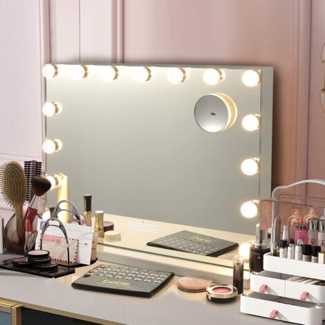COSTWAY Hollywood Spiegel mit Beleuchtung, 10X Vergrößerung, USB-Ladeanschluss & Bluetooth-Lautsprecher, Schminkspiegel mit 15 dimmbaren LED-Leuchten, Kosmetikspiegel für Schlafzimmer