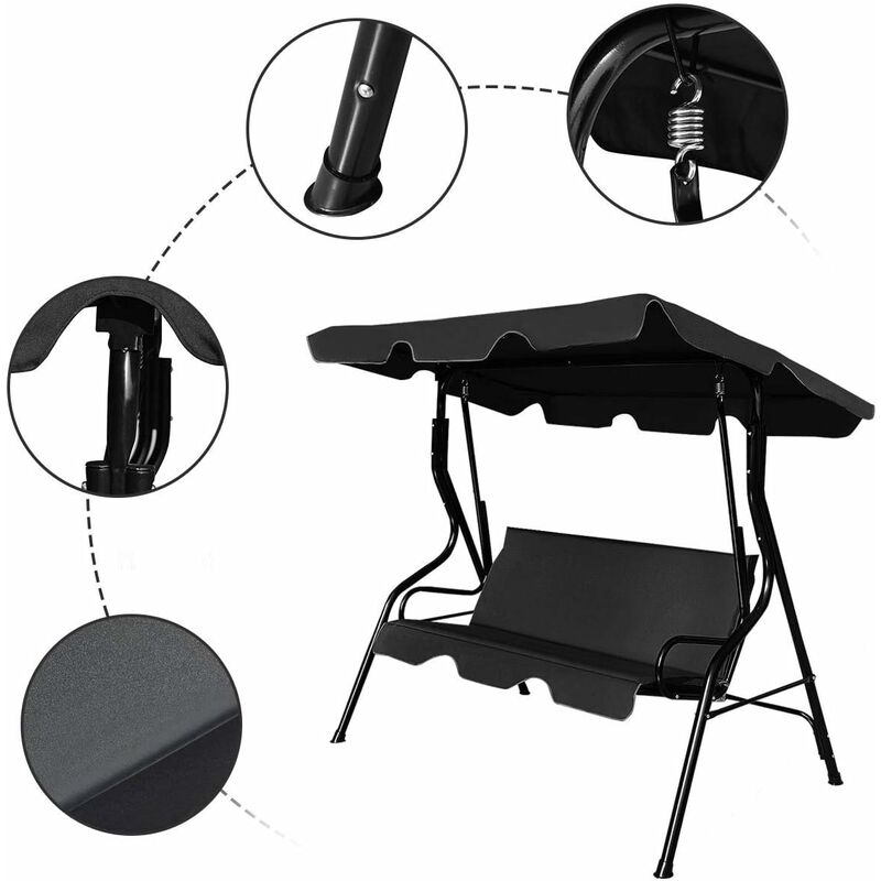 Costway Hollywoodschaukel Gartenschaukel Schaukel Gartenliege Schaukelbank Gartenbank Mit Sonnendach 3 Sitzer Schwarz 0615200243609