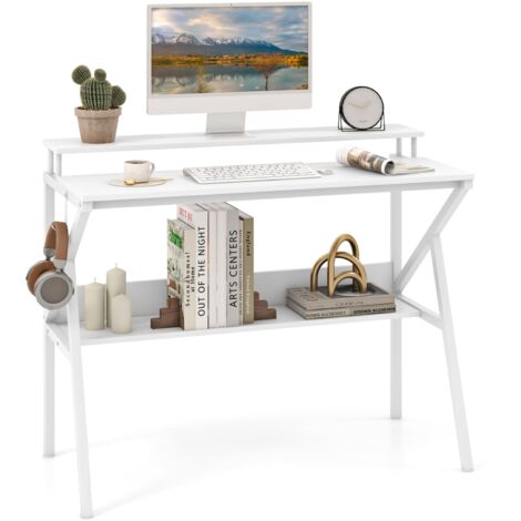 COSTWAY Home Office Desk Space Saving Computer Desk w/Monitor Stand-White