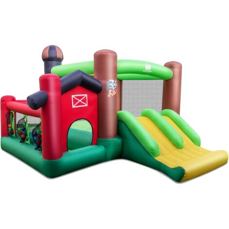 COSTWAY Hüpfburg mit Gebläse, Doppelrutschen, aufblasbares 6-in-1-Hüpfschloss im Bauernhof-Stil mit Bällebad, Basketballkorb, Wurfspiel, für Kinder, 356 x 330 x 220 cm