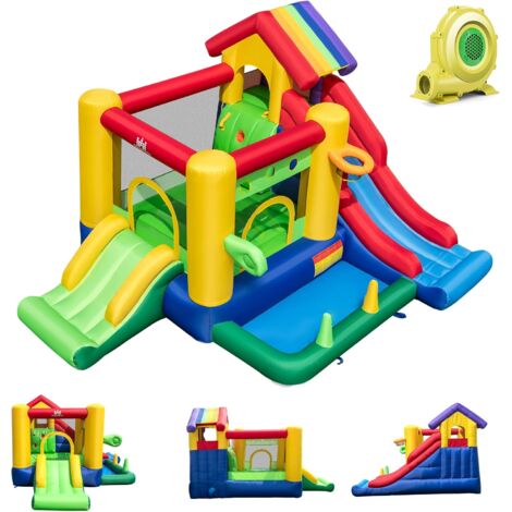 COSTWAY Hüpfburg mit Gebläse, Doppelrutschen, Kletterwand, Ballpool, Basketballkorb, Outdoor Indoor Hüpfburg mit Reparaturset & Bodenanker, 385 x 325 x 230 cm