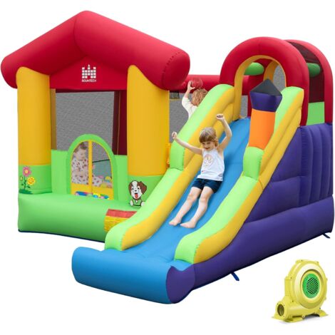 COSTWAY Hüpfburg mit Gebläse, Langer Rutsche, Kletterwand, Basketballkorb und Spielbällen, Indoor- & Outdoor Hüpfburg für Kinder, 325 x 290 x 225 cm