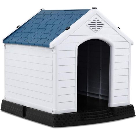 COSTWAY Hundehuette Kunststoff Hundehaus Plastik fuer Garten, Drinnen und Draussen, Hundehoehle mit Erhoehtem Boden, Hundekisten blau und weiss 70x65x71,5cm