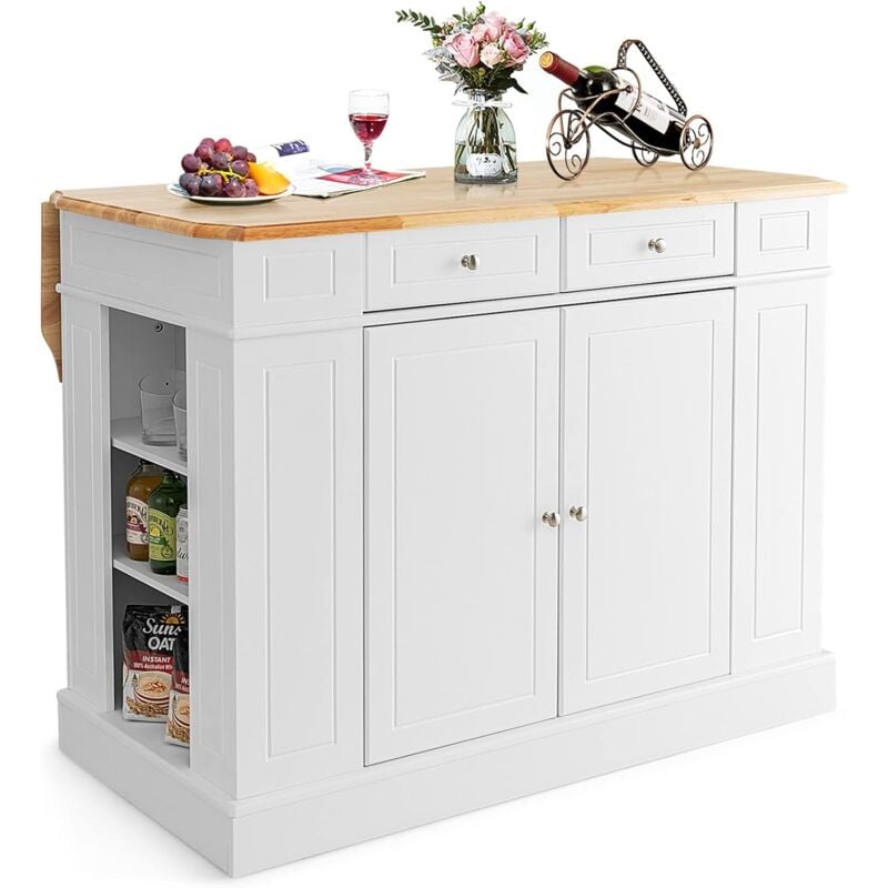 Costway - Ilot Central Cuisine Comptoir en Bois de Caoutchouc et Étagères Réglables à 3 Niveaux, Desserte de Cuisine de Service avec Tiroirs,