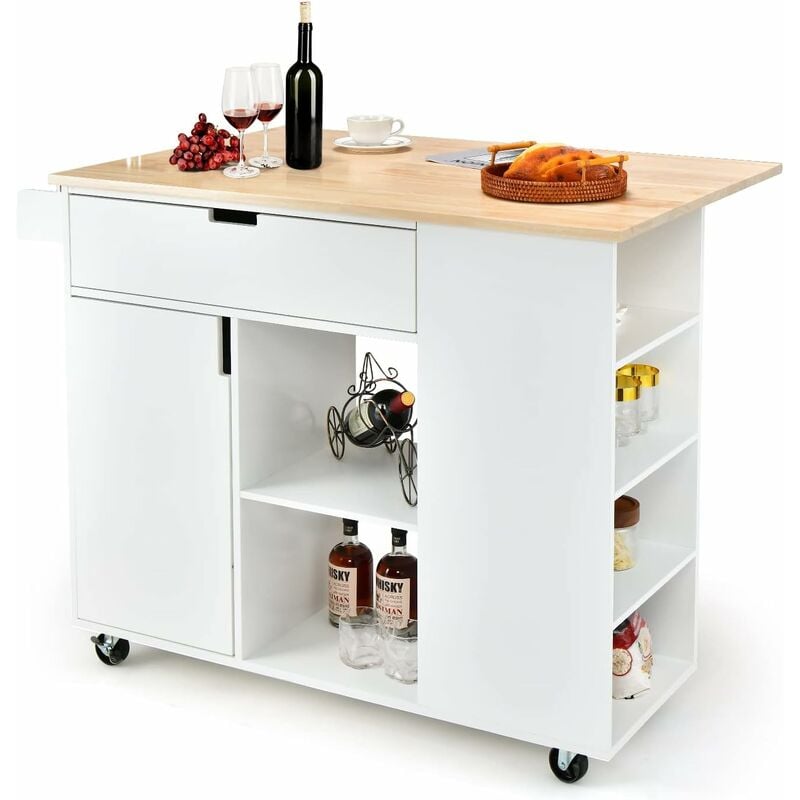 Costway - Ilot Central Cuisine Comptoir en Bois de Caoutchouc Pliable, Desserte à Roulettes Porte-serviettes Porte-épices 124x76x92cm Blanc