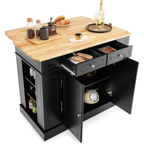 COSTWAY Ilot Central Cuisine Comptoir en Bois d'Hévéa Pliable, Étagères Réglables à 3 Niveaux, Desserte de Cuisine de Service avec Tiroirs, Supports Latéraux et 2 Portes, 61 x 120 x 92 cm, Noir
