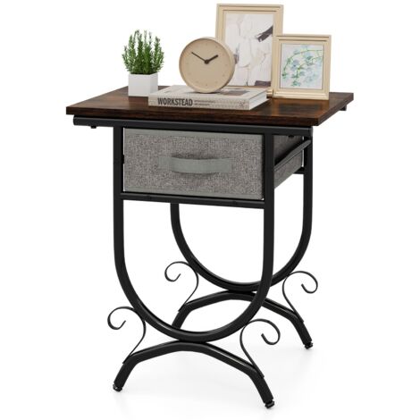 COSTWAY Industrial 2-tier Bedside Table Nightstand w/ Fabric Drawer-Brown
