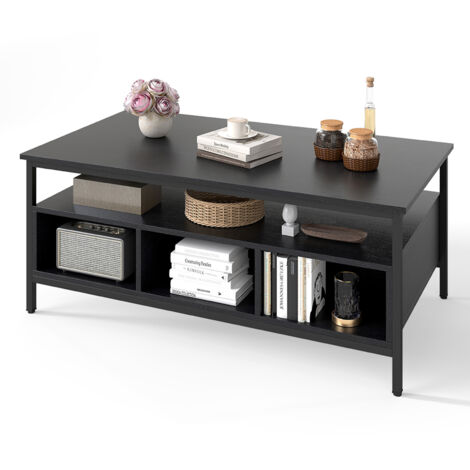 COSTWAY Industrial 3-Tier Coffee Table Rectangular Center Table w/Shelf-Black