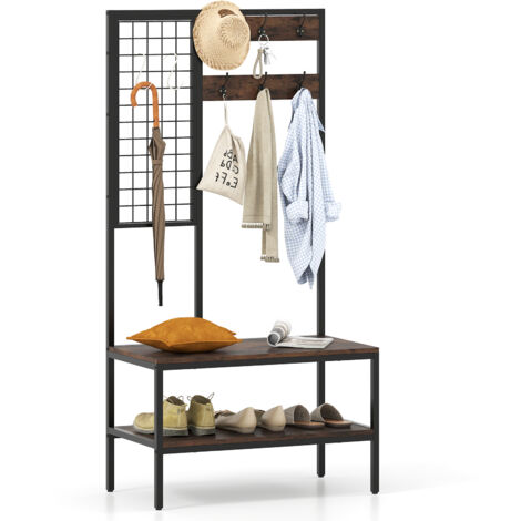 COSTWAY Industrial Coat Rack with Shoe Bench & Wall Grid Panel-Brown
