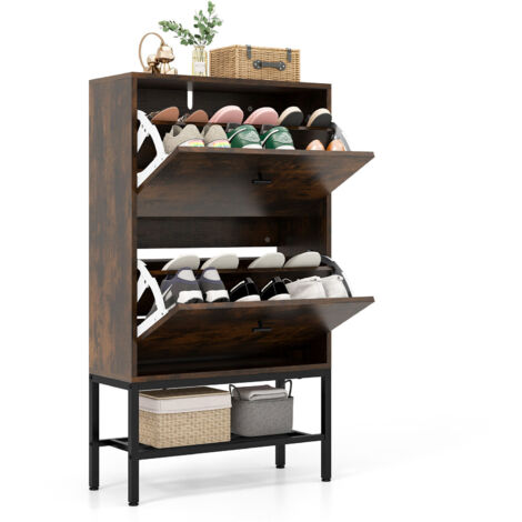COSTWAY Industrial Shoe Storage Cabinet Freestanding Shoe Organizer with 2 Flip Drawers