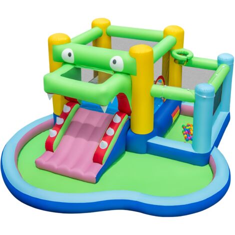 COSTWAY Inflatable Bounce House 5-in-1 Crocodile Water Park with Slide