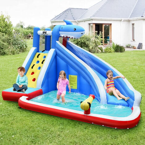 COSTWAY Inflatable Bouncy Castle, Jumper House Water Pool Slide Activity Center with Water Slide, Climbing Wall, Water Gun and Pool Area for Kids