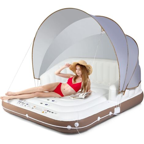 COSTWAY Isla Hinchable con Toldo para 2 Adultos, Toldo Retráctil y Removible, 2 Portavasos, Flotador de Piscina Interior y Exterior con Protección UPF50+, Soporta hasta 200 kg