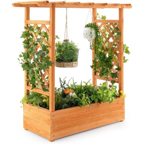 COSTWAY Jardinière avec 2 Treillis Latéraux Toit Suspendu en Bois de Sapin avec Trou de Drainage, Lit de Jardin pour Plante Grimpante Résistance aux Intempéries, Orange 110 x 44 x 113,5 cm