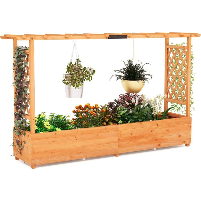 Jardinière avec 2 Treillis Latéraux Toit Suspendu en Bois de Sapin avec Trou de Drainage, Lit de Jardin Surélevé pour Plante Grimpante Résistance aux