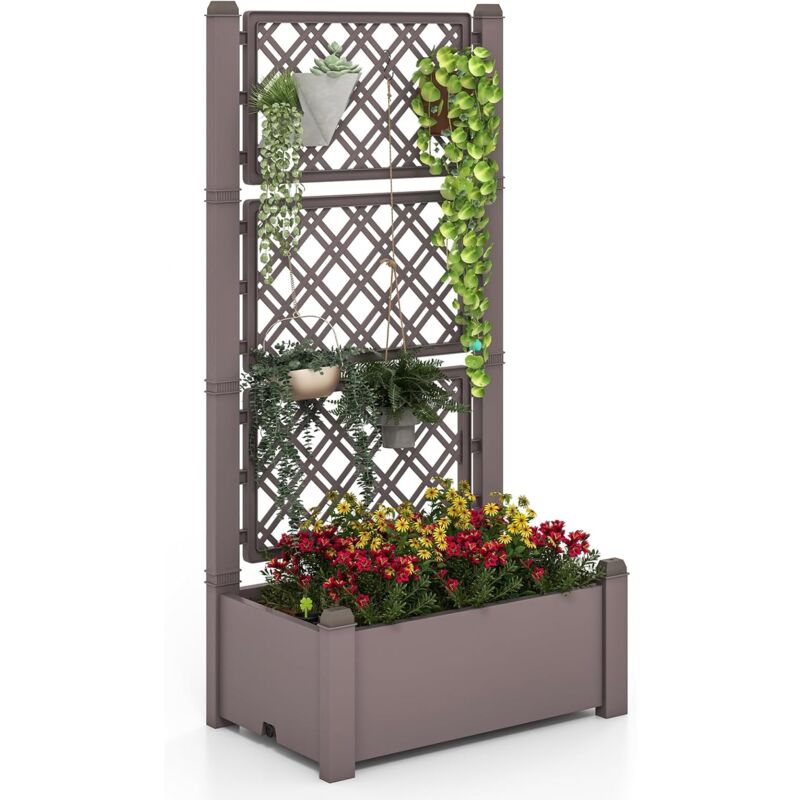 Jardinière avec Treillis à 3 Hauteurs Arrosage Automatique, Lit de Jardin Surélevé avec Indicateur de Niveau d'eau Séparateurs Amovibles Trou de