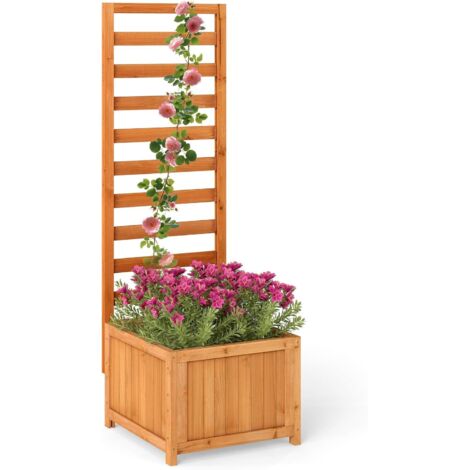 COSTWAY Jardinière avec Treillis en Bois 123 CM, Bac à Fleurs Surélevé pour Plante pour Grimpante Vigne Fleurs avec Trou de Drainage, Lit de Jardin Intérieure/Extérieure, Orange