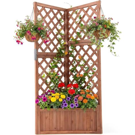 COSTWAY Jardinière avec Treillis en Bois avec Trou de Drainage, Bac à Fleurs Surélevé pour Plante Grimpante Vigne Fleurs Légumes, Lit de Jardin Angles de 90° (Brun)