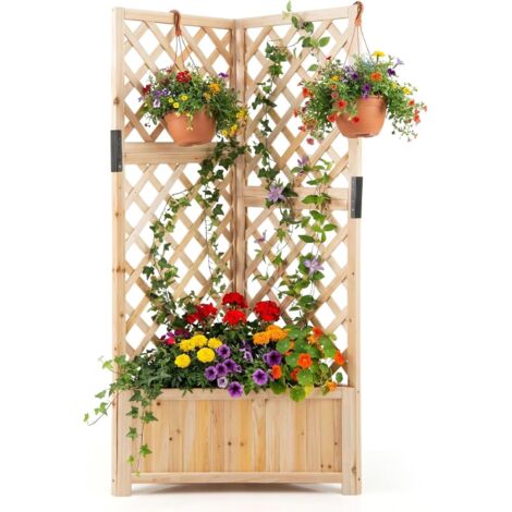 COSTWAY Jardinière avec Treillis en Bois avec Trou de Drainage, Bac à Fleurs Surélevé pour Plante Grimpante Vigne Fleurs Légumes, Lit de Jardin Angles de 90° (Naturel)