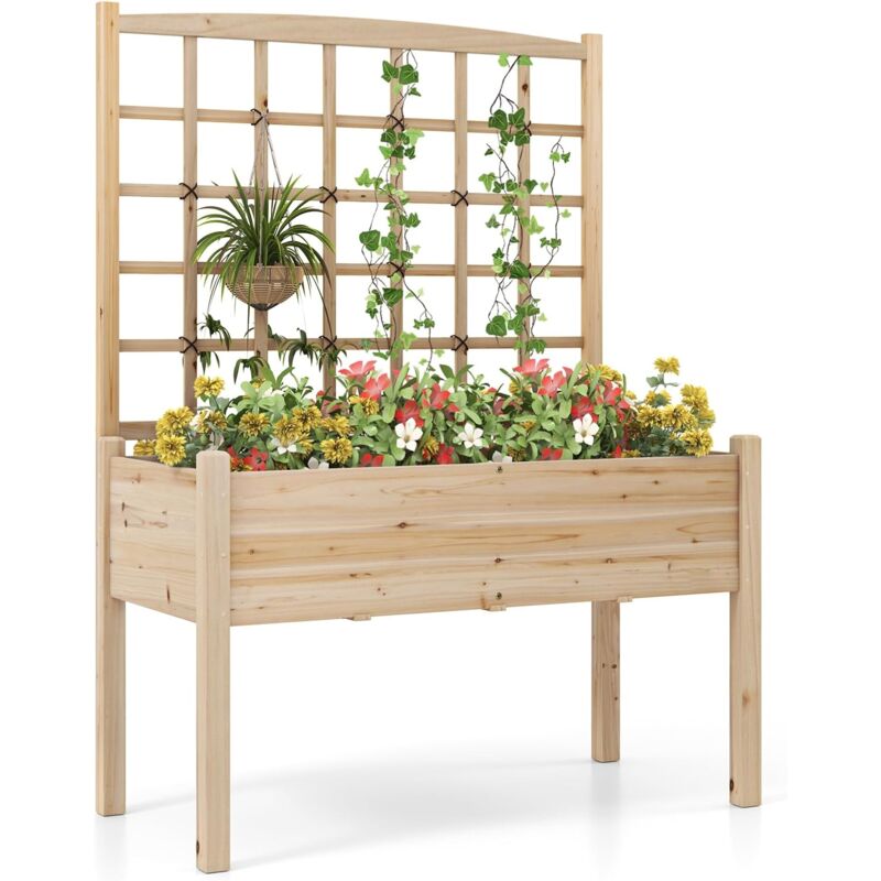 Jardinière avec Treillis en Bois pour Plantes Grimpantes, Lit de Jardin Surélevé avec Trous de Drainage Charge 80 kg, pour Plante Fleurs Herbes