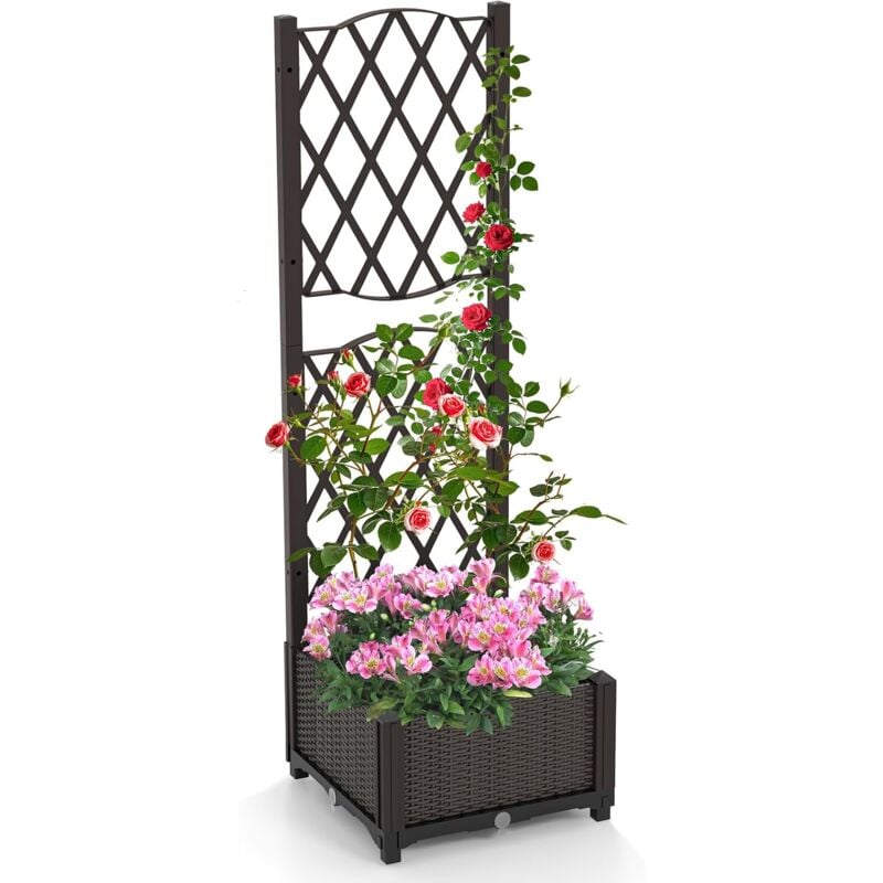 Jardinière avec Treillis sur Pied, Bac à Fleur Auto-arrosage en Rotin pp avec Trou de Drainage, Lit de Jardin pour Plantes Grimpantes, Légumes (40 x
