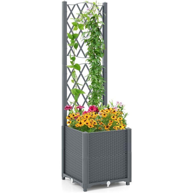 COSTWAY Jardinière avec Treillis sur Pied, Bac de Plantation Auto-arrosage en Rotin PP avec Trou de Drainage, Lit de Jardin pour Plantes Grimpantes,
