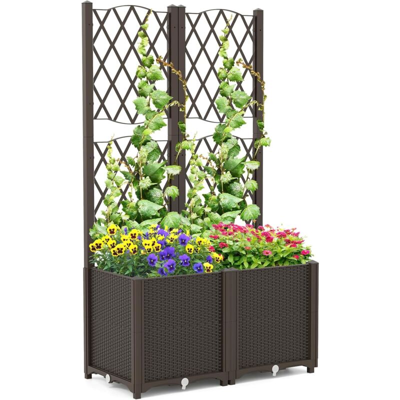 Jardinière avec Treillis sur Pied, Double Bac de Plantation Auto-arrosage en Rotin pp avec Trou de Drainage, Lit de Jardin pour Plantes Grimpantes,