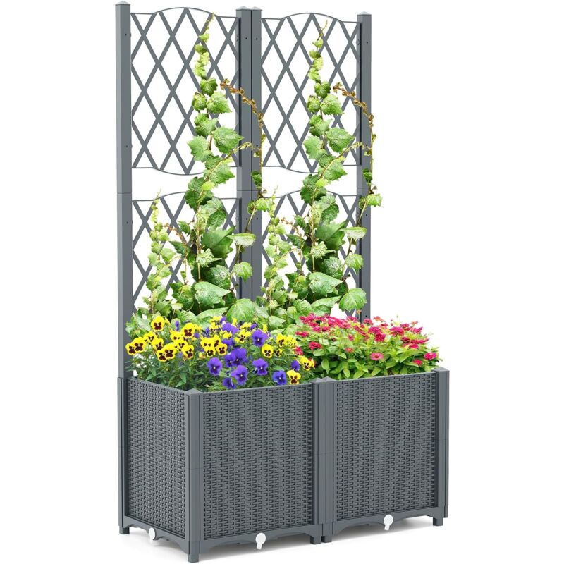 Jardinière avec Treillis sur Pied, Double Bac de Plantation Auto-arrosage en Rotin pp avec Trou de Drainage, Lit de Jardin pour Plantes Grimpantes,
