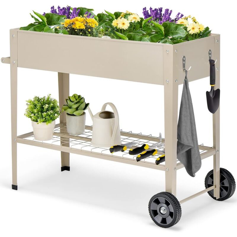 Costway - Jardinière Surélevé en Métal avec Pieds, Lit de Jardin sur Roulette avec Étagère de Rangement Trous de Drainage Crochets de Suspension et