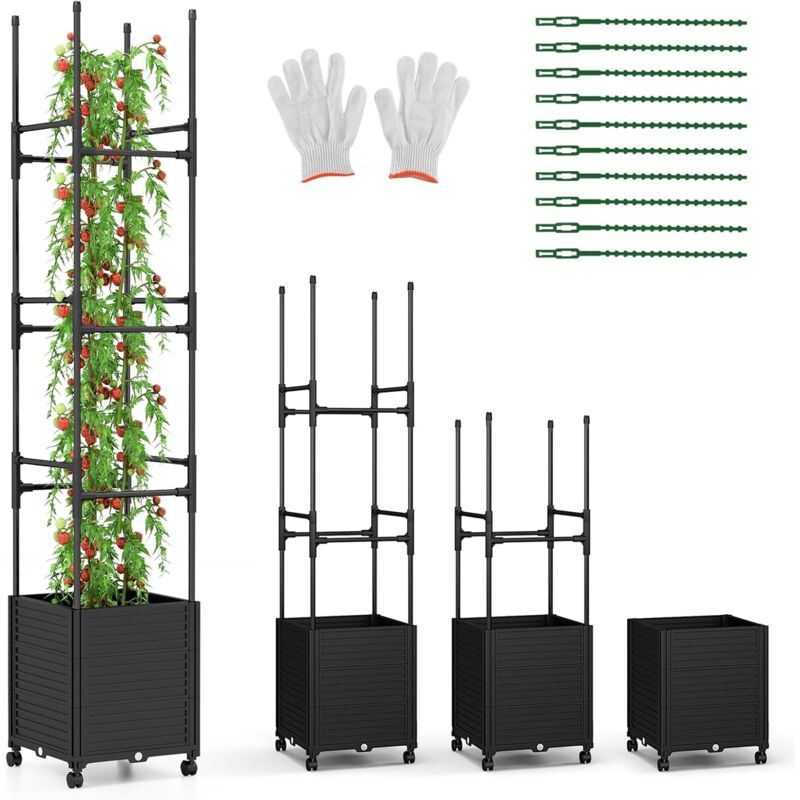 Jardinière Surélevée à roulettes avec Treillis Obélisque, Lit de Jardin à Arrosage Automatique avec 3 Hauteurs Tubes Métalliques Amovibles, pour