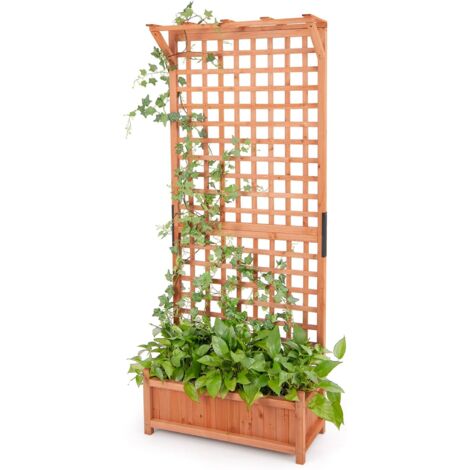 COSTWAY Jardinière Surélevée avec Treillis en Bois de Sapin avec Trou de Drainage, Bac à Fleurs pour Plante Grimpante Vigne, Lit de Jardin Résistance aux Intempéries, 75 x 33 x 182,5 cm