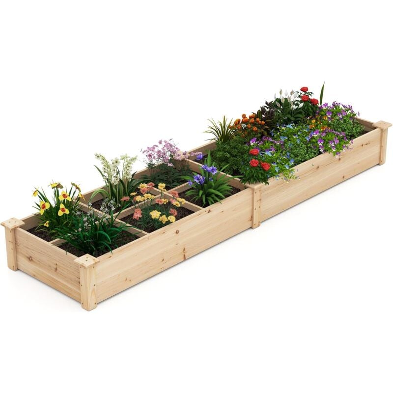 Jardinière Surélevée en Bois avec 2 Bacs à Fleurs et Séparateurs, Lit de Jardin pour Culture Fruits Légumes, Jardinière pour Patio Balcon, 228 x 62 x