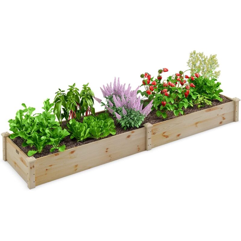 Jardinière Surélevée Rectangulaire en Bois de Sapin Base Ouverte 240x60x25CM, Lit de Jardin Facile à Assembler pour Culture Fruits Légumes, pour
