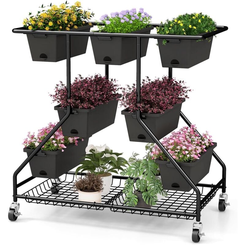 Jardinière Surélevée Vertical avec 7 Bacs de Plantation Trous de Drainage, Lit de Jardin avec Paniers de Rangement 4 roulettes Verrouillables pour