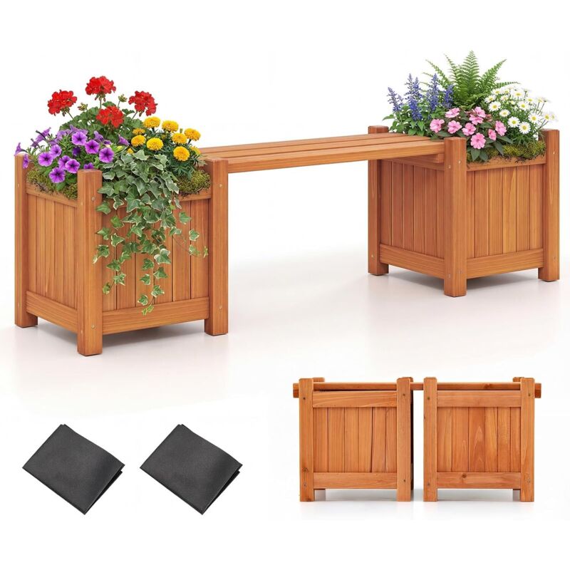 COSTWAY Jardinières dExtérieur avec Banc 106 x 27 x 29 cm, Bac à Fleurs en Bois Massif Finition Huile de Teck Base Ouverte, Lit de Jardin Surélevé