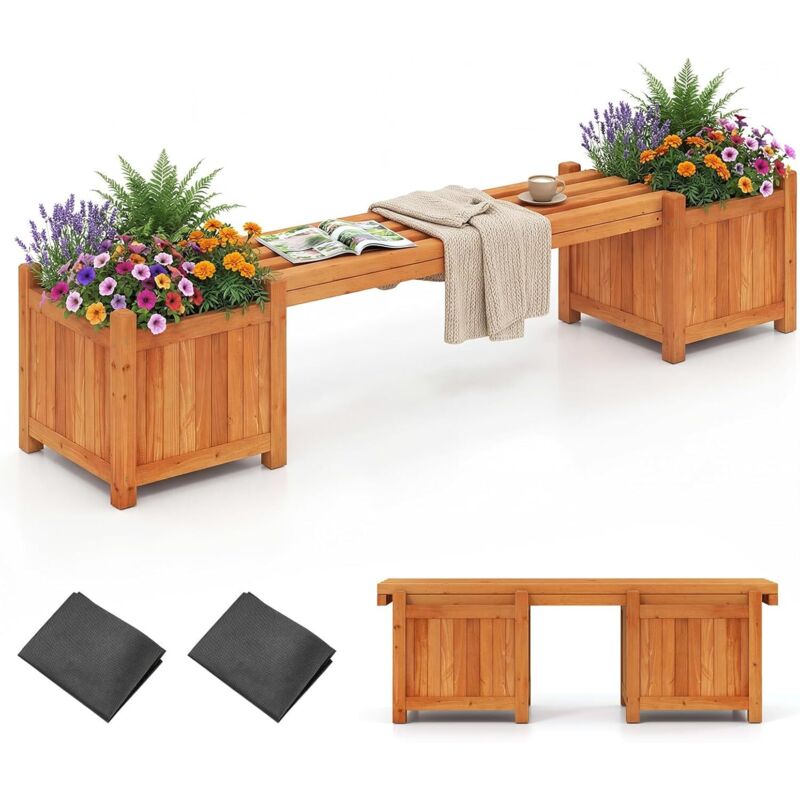 COSTWAY Jardinières dExtérieur avec Banc 169 x 35 x 35 cm, Bac à Fleurs en Bois Massif Finition Huile de Teck Base Ouverte, Lit de Jardin Surélevé