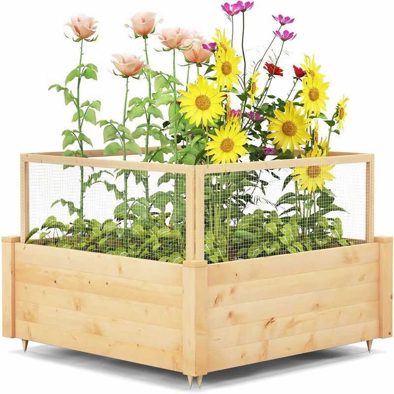 COSTWAY Jardinière Surélevée en Bois de Sapin avec Clôture de Protection et Grille de Culture, Lit de Jardin 107 x 107 x 80 cm, pour Culture de