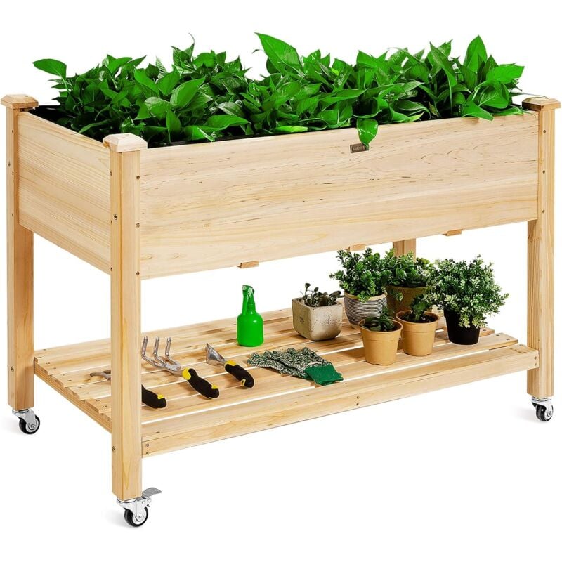 Jardinière Surélevée en Bois Mobile avec Roues Verrouillables, Lit de Jardin avec Étagère de Rangement et Doublure de Protection 4 Trous de Drainage,