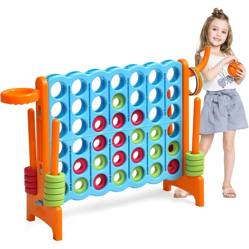 Jeux Puissance 4 Géant 3 en 1 avec Panier de Basket-ball 2 Leviers à Dégagement au Côté 42 Anneaux pour Enfants Orange - Costway