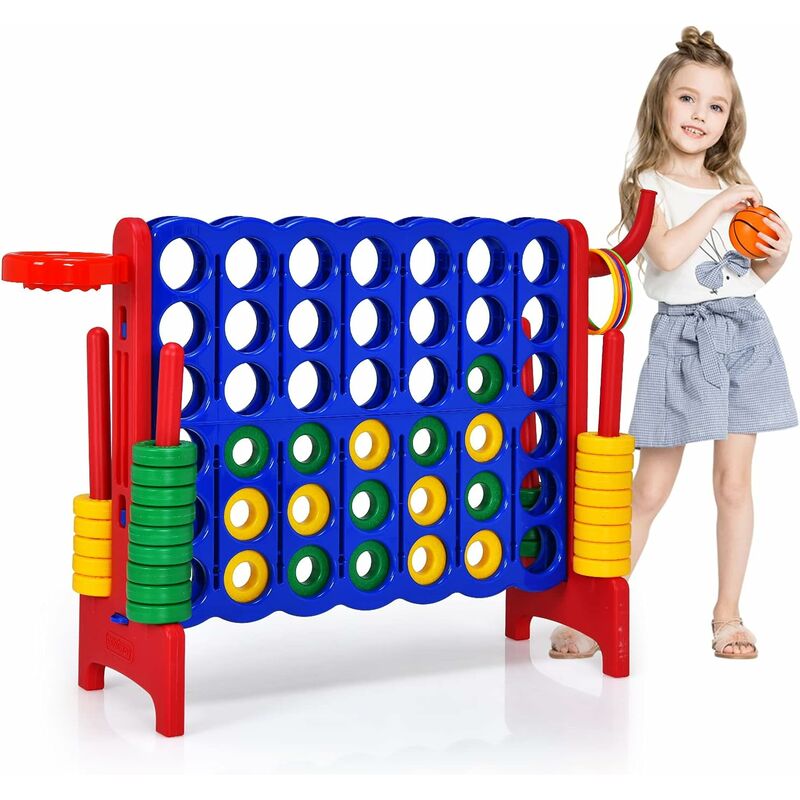 3 en 1 Jeux Puissance 4 Géant avec 42 Jetons & 5 Anneaux, Jeu de Société Ludique & Éducatif avec Panier de Basket, Levier de Réinitialisation,