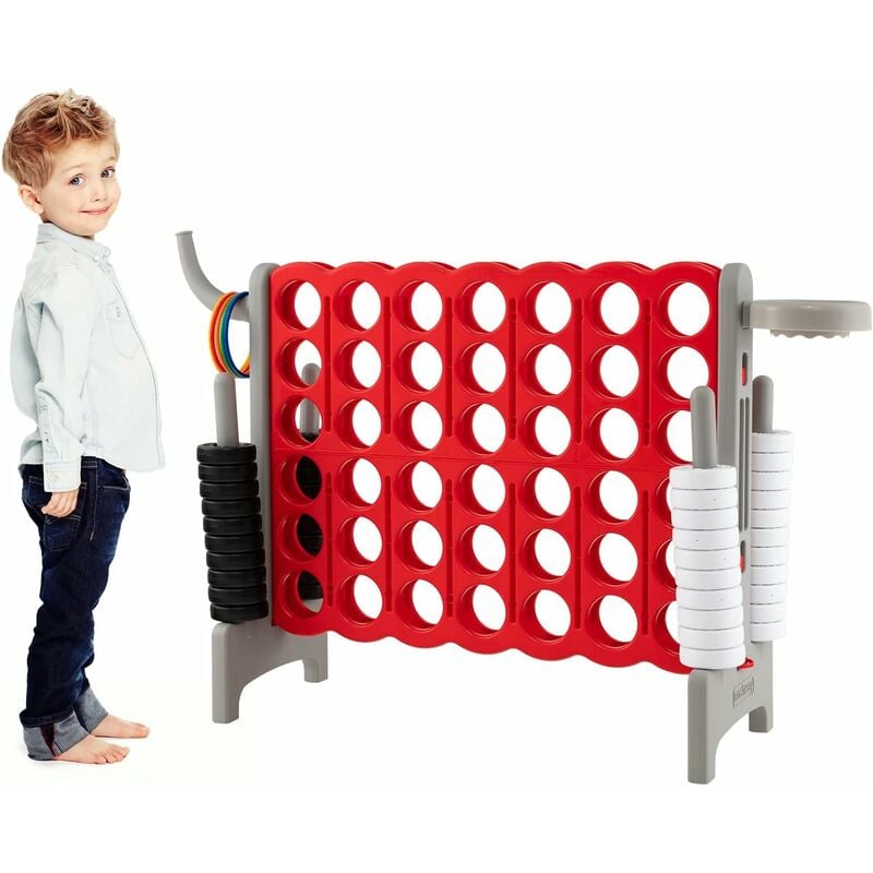 COSTWAY Jeux Puissance 4 Géant pour Enfants Multifonction 3 en 1 avec Cerceau de Basket-ball Jeu d’Anneaux au Côté 42 Anneaux Gris