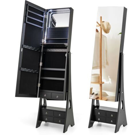 COSTWAY Jewelry Cabinet 3-color LED Lighted Jewelry Organizer Armoire-Black