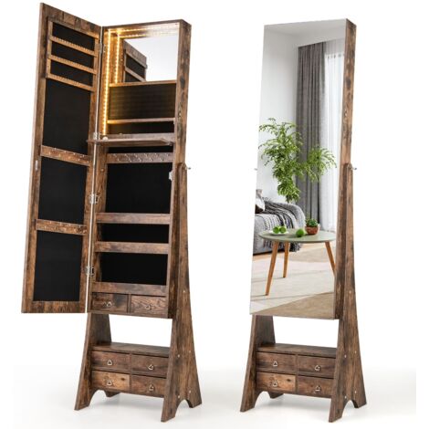 COSTWAY Jewelry Cabinet 3-color LED Lighted Jewelry Organizer Armoire-Coffee