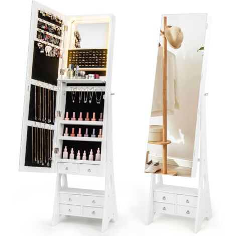 COSTWAY Jewelry Cabinet 3-color LED Lighted Jewelry Organizer Armoire-White
