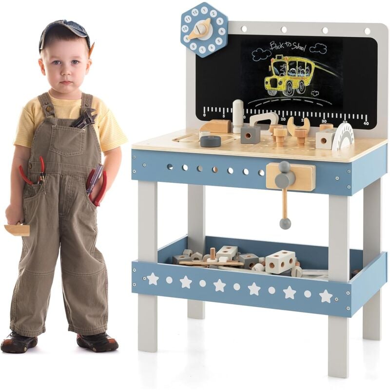 Costway - Jouet d'Etabli en Bois pour Enfants avec 5 Outils & 56 Accessoires, Jouet Bricolage Enfants avec Tableau Noir & Etagère Inférieure, Jeu