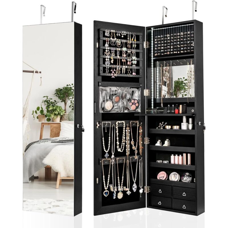 

Joyero con Espejo de Cuerpo Entero LED, Armario para Joyas Multiuso con 4 Cajones (negro) - Costway